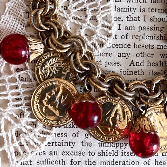 Vintage Gold Plated Coin Charms Red Glass Beaded Bracelet Woman’s Jewelry - Picture 2 of 8